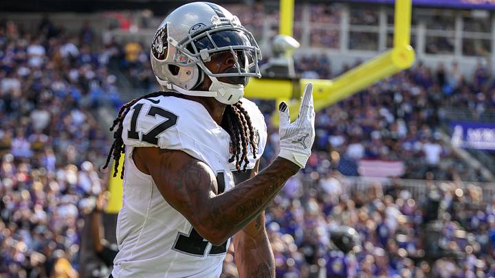 Sep 15, 2024; Baltimore, Maryland, USA; Las Vegas Raiders wide receiver Davante Adams (17) celebrates after scoring a touchdown during the second half against the Baltimore Ravens at M&T Bank Stadium. Mandatory Credit: Reggie Hildred-Imagn Images