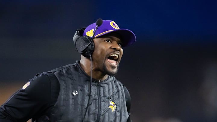 Jan 13, 2025; Glendale, AZ, USA; Minnesota Vikings defensive coordinator Brian Flores against the Los Angeles Rams during an NFC wild card game at State Farm Stadium. Mandatory Credit: Mark J. Rebilas-Imagn Images