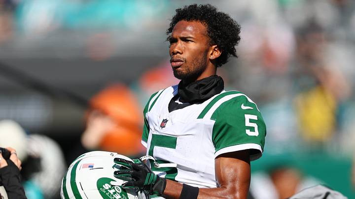Oct 25, 2026; East Rutherford, New Jersey, USA;  New York Jets wide receiver Garrett Wilson (5) looks on during warmups before a game against the Miami Dolphins at MetLife Stadium.  Mandatory Credit: Vincent Carchietta-Imagn Images