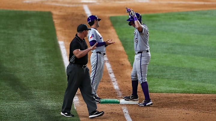 May 23, 2025: TCU's Nolan Traeger celebrates a base hit vs Kansas in the Big 12 baseball semifinal.