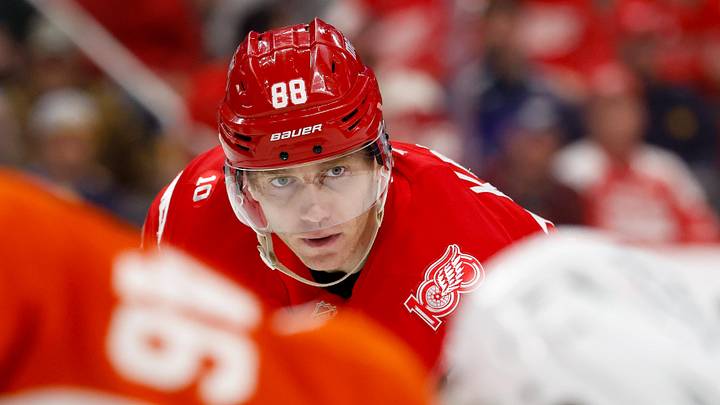 Mar 28, 2026; Detroit, Michigan, USA;  Detroit Red Wings right wing Patrick Kane (88) gets set during a face off in the second period against the Philadelphia Flyers at Little Caesars Arena. Mandatory Credit: Rick Osentoski-Imagn Images