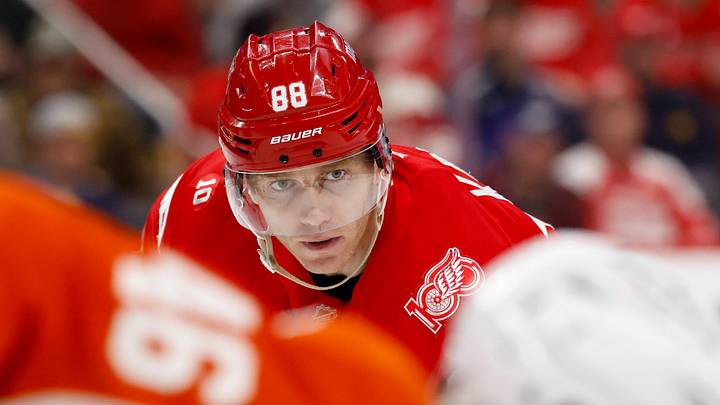 Mar 28, 2026; Detroit, Michigan, USA;  Detroit Red Wings right wing Patrick Kane (88) gets set during a face off in the second period against the Philadelphia Flyers at Little Caesars Arena. Mandatory Credit: Rick Osentoski-Imagn Images