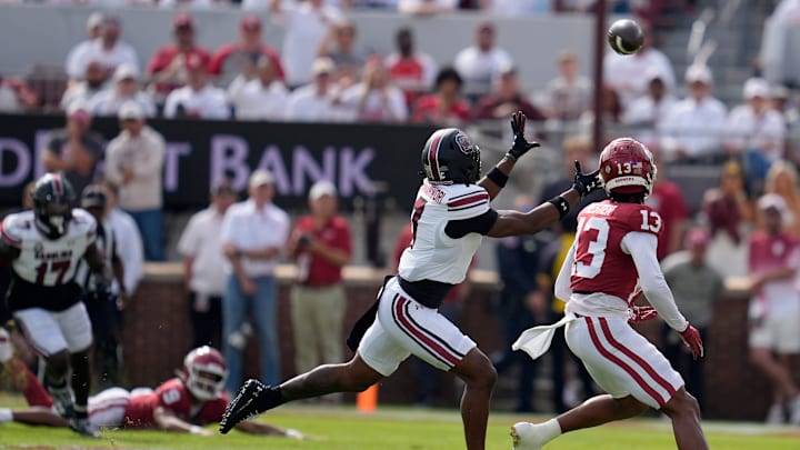 South Carolina Gamecocks defensive back Nick Emmanwori (7) intercepts a pass intended for Oklahoma Sooners wide receiver J.J. Hester (13) during a college football game between the University of Oklahoma Sooners (OU) and the South Carolina Gamecocks at Gaylord Family - Oklahoma Memorial Stadium in Norman, Okla., Saturday, Oct. 19, 2024. South Carolina Gamecocks defensive back Nick Emmanwori (7) intercepts a pass intended for Oklahoma Sooners wide receiver J.J. Hester (13) during a college football game between the University of Oklahoma Sooners (OU) and the South Carolina Gamecocks at Gaylord Family - Oklahoma Memorial Stadium in Norman, Okla., Saturday, Oct. 19, 2024.