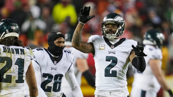 Nov 20, 2023; Kansas City, Missouri, USA; Philadelphia Eagles cornerback Darius Slay (2) waves to fans after defeating the Kansas City Chiefs at GEHA Field at Arrowhead Stadium. Mandatory Credit: Jay Biggerstaff-USA TODAY Sports