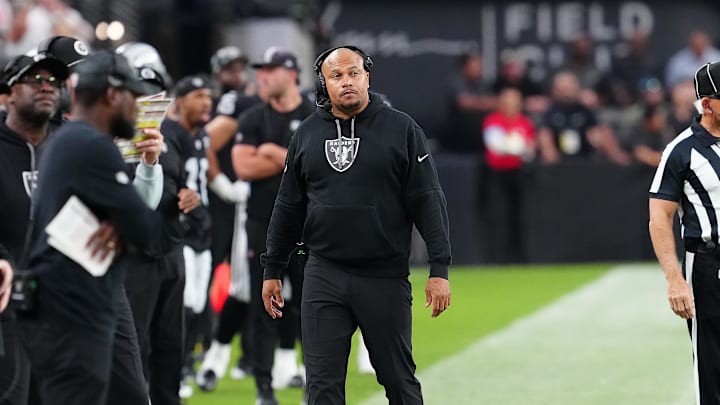 Sep 29, 2024; Paradise, Nevada, USA; Las Vegas Raiders head coach Antonio Pierce watches play against the Cleveland Browns during the second quarter at Allegiant Stadium. Mandatory Credit: Stephen R. Sylvanie-Imagn Images