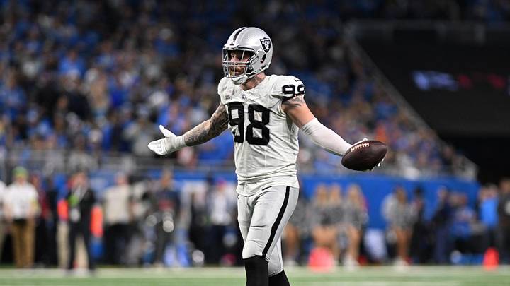 Oct 30, 2023; Detroit, Michigan, USA; Las Vegas Raiders defensive end Maxx Crosby (98) waits for a Oct 30, 2023; Detroit, Michigan, USA; Las Vegas Raiders defensive end Maxx Crosby (98) waits for a