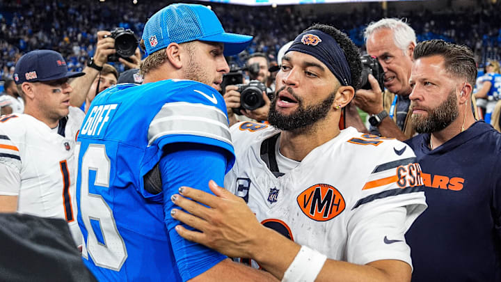 Detroit Lions quarterback Jared Goff (16) hugs Chicago Bears quarterback Caleb Williams (18) after 52-21 win over the Bears at Ford Field in Detroit on Sunday, Sept. 14, 2025.