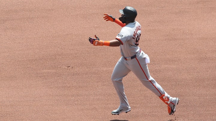 Aug 6, 2025; Pittsburgh, Pennsylvania, USA;  San Francisco Giants right fielder Jerar Encarnacion  (59) circles the bases on a solo home run against the Pittsburgh Pirates during the fifth inning at PNC Park. Mandatory Credit: Charles LeClaire-Imagn Images
