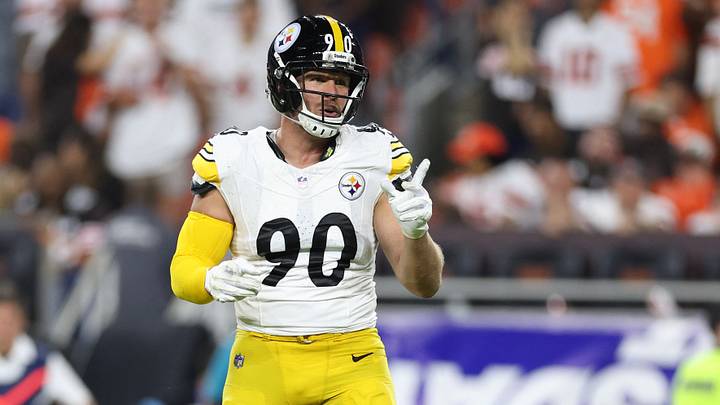 Oct 1, 2026; Cleveland, Ohio, USA;  Pittsburgh Steelers linebacker T.J. Watt (90) reacts in the second half at Huntington Bank Field.  Mandatory Credit: Scott Galvin-Imagn Images