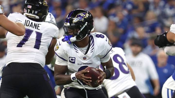 Sep 13, 2026; Indianapolis, Indiana, USA; Baltimore Ravens quarterback Lamar Jackson (8) controls the ball during the second half\ against the Indianapolis Colts at Lucas Oil Stadium. Mandatory Credit: Trevor Ruszkowski-Imagn Images Sep 13, 2026; Indianapolis, Indiana, USA; Baltimore Ravens quarterback Lamar Jackson (8) controls the ball during the second half\ against the Indianapolis Colts at Lucas Oil Stadium. Mandatory Credit: Trevor Ruszkowski-Imagn Images