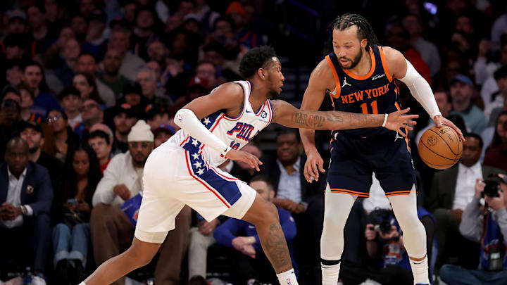 Feb 26, 2025; New York, New York, USA; New York Knicks guard Jalen Brunson (11) controls the ball against Philadelphia 76ers forward Justin Edwards (19) during the fourth quarter at Madison Square Garden. Mandatory Credit: Brad Penner-Imagn Images Feb 26, 2025; New York, New York, USA; New York Knicks guard Jalen Brunson (11) controls the ball against Philadelphia 76ers forward Justin Edwards (19) during the fourth quarter at Madison Square Garden. Mandatory Credit: Brad Penner-Imagn Images