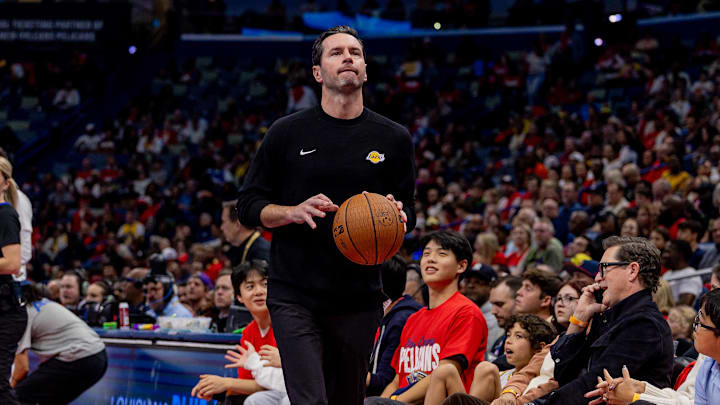 Nov 14, 2025; New Orleans, Louisiana, USA; Los Angeles Lakers Head Coach JJ Redick looks on against the New Orleans Pelicans during the first half at Smoothie King Center. Mandatory Credit: Stephen Lew-Imagn Images Nov 14, 2025; New Orleans, Louisiana, USA; Los Angeles Lakers Head Coach JJ Redick looks on against the New Orleans Pelicans during the first half at Smoothie King Center. Mandatory Credit: Stephen Lew-Imagn Images