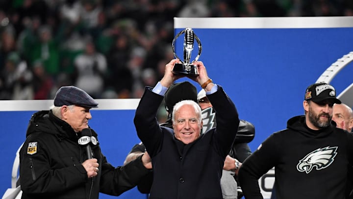 Jan 26, 2025; Philadelphia, PA, USA; Philadelphia Eagles owner Jeffrey Lurie celebrates after winning the NFC Championship game against the Washington Commanders at Lincoln Financial Field. Mandatory Credit: Eric Hartline-Imagn Images