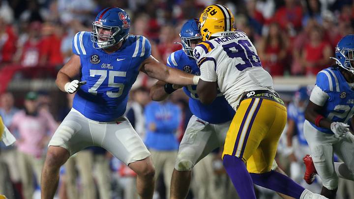 Sep 19, 2026; Oxford, Mississippi, USA; Mississippi Rebels offensive lineman Patrick Kutas (75) blocks LSU Tigers defensive tackle Dominick McKinley (96) during the third quarter at Vaught-Hemingway Stadium. Mandatory Credit: Petre Thomas-Imagn Images Sep 19, 2026; Oxford, Mississippi, USA; Mississippi Rebels offensive lineman Patrick Kutas (75) blocks LSU Tigers defensive tackle Dominick McKinley (96) during the third quarter at Vaught-Hemingway Stadium. Mandatory Credit: Petre Thomas-Imagn Images