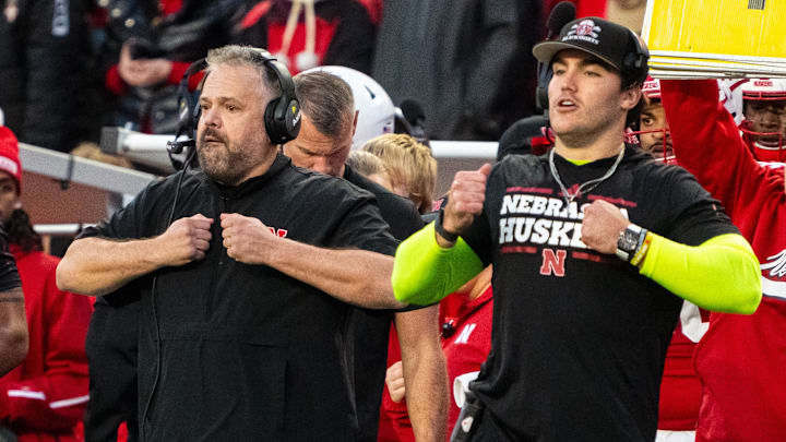 Nov 23, 2024; Lincoln, Nebraska, USA; Nebraska Cornhuskers head coach Matt Rhule coaches against the Wisconsin Badgers during the third quarter at Memorial Stadium. Mandatory Credit: Dylan Widger-Imagn Images
