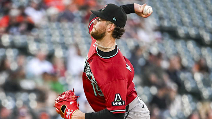 Apr 13, 2026; Baltimore, Maryland, USA;  Arizona Diamondbacks pitcher Ryne Nelson (19) throws a first inning pitch against the Baltimore Orioles at Oriole Park at Camden Yards. Mandatory Credit: Tommy Gilligan-Imagn Images