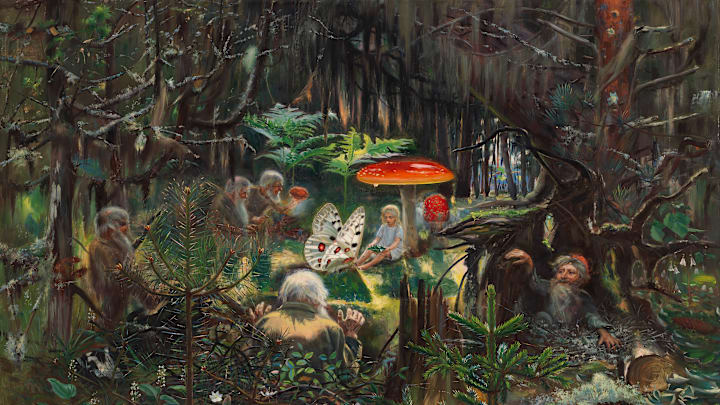 Drawing of fairies and gnomes in a forest