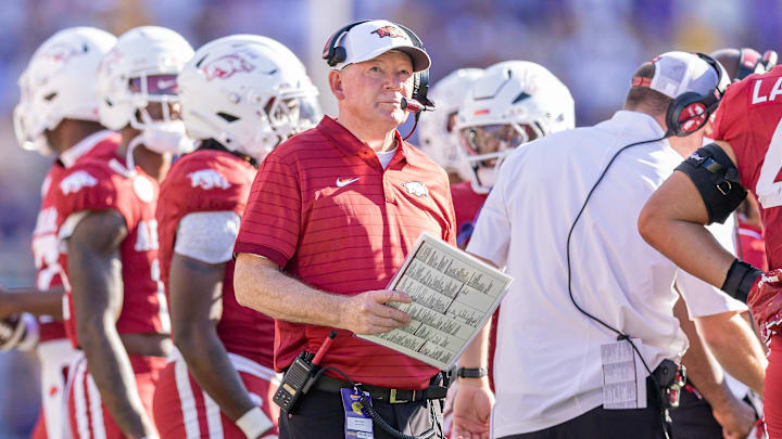 Nov 15, 2025; Baton Rouge, Louisiana, USA; Arkansas interim head coach Bobby Petrino looks on against the LSU Tigers during the second half at Tiger Stadium. Mandatory Credit: Stephen Lew-Imagn Images Nov 15, 2025; Baton Rouge, Louisiana, USA; Arkansas interim head coach Bobby Petrino looks on against the LSU Tigers during the second half at Tiger Stadium. Mandatory Credit: Stephen Lew-Imagn Images