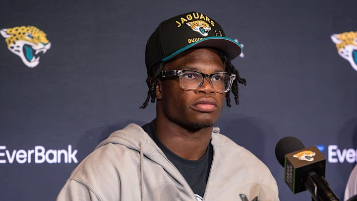 Apr 25, 2025; Jacksonville, FL, USA; Jacksonville Jaguars first round draft pick Travis Hunter talks to the media during a press conference at Miller Electric Center. Mandatory Credit: Travis Register-Imagn Images Apr 25, 2025; Jacksonville, FL, USA; Jacksonville Jaguars first round draft pick Travis Hunter talks to the media during a press conference at Miller Electric Center. Mandatory Credit: Travis Register-Imagn Images