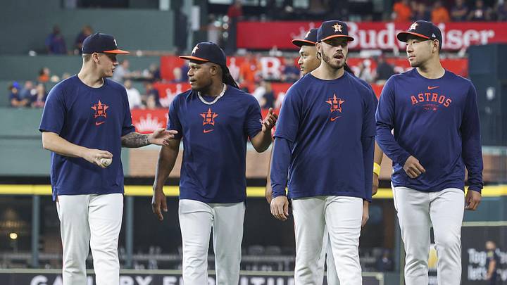 Houston Astros starting pitchers Hunter Brown (58) and Framber Valdez (59) and Spencer Arrighetti (41) and Yusei Kikuchi (16) walk on the field. Houston Astros starting pitchers Hunter Brown (58) and Framber Valdez (59) and Spencer Arrighetti (41) and Yusei Kikuchi (16) walk on the field.