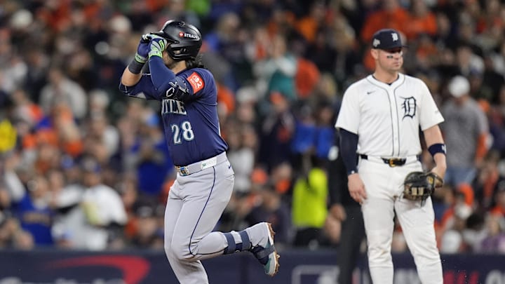 Mariners third baseman Eugenio Suarez celebrates batting a solo home run against Tigers during the fourth inning of ALDS Game 3 at Comerica Park in Detroit on Tuesday, Oct. 7, 2025. Mariners third baseman Eugenio Suarez celebrates batting a solo home run against Tigers during the fourth inning of ALDS Game 3 at Comerica Park in Detroit on Tuesday, Oct. 7, 2025.