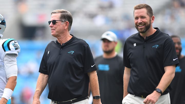 Oct 7, 2018; Charlotte, NC, USA; Carolina Panthers offensive coordinator Norv Turner and quarterbacks coach Scott Turner before the game at Bank of America Stadium. Mandatory Credit: Bob Donnan-Imagn Images