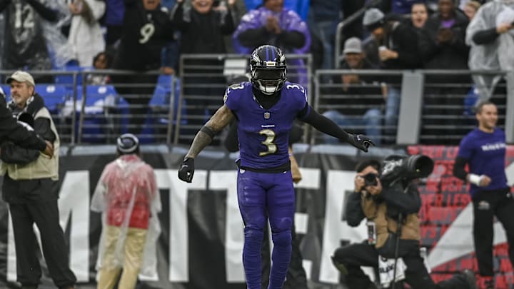 Dec 10, 2023; Baltimore, Maryland, USA; Baltimore Ravens wide receiver Odell Beckham Jr. (3) celebrates after sowing a second quarter touchdown against the Los Angeles Rams during the at M&T Bank Stadium. Mandatory Credit: Tommy Gilligan-Imagn Images Dec 10, 2023; Baltimore, Maryland, USA; Baltimore Ravens wide receiver Odell Beckham Jr. (3) celebrates after sowing a second quarter touchdown against the Los Angeles Rams during the at M&T Bank Stadium. Mandatory Credit: Tommy Gilligan-Imagn Images