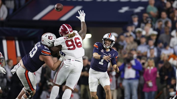 Nov 25, 2023; Auburn, Alabama, USA; Auburn Tigers quarterback Payton Thorne (1) throws a pass in the third quarter against the Alabama Crimson Tide at Jordan-Hare Stadium. Mandatory Credit: John Reed-Imagn Images