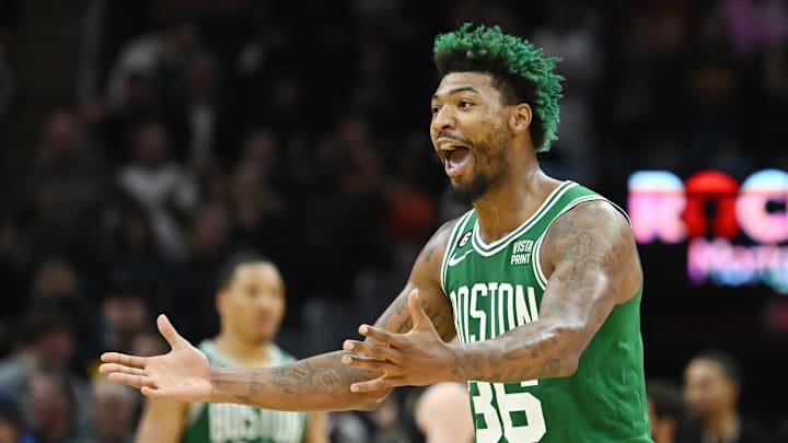 Nov 2, 2022; Cleveland, Ohio, USA; Boston Celtics guard Marcus Smart (36) argues a call during the