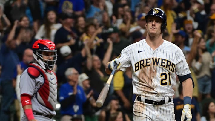 Sep 16, 2023; Milwaukee, Wisconsin, USA; Milwaukee Brewers left fielder Mark Canha (21) reacts after hitting a grand slam home run in the eighth inning against the Washington Nationals at American Family Field. Mandatory Credit: Benny Sieu-Imagn Images Sep 16, 2023; Milwaukee, Wisconsin, USA; Milwaukee Brewers left fielder Mark Canha (21) reacts after hitting a grand slam home run in the eighth inning against the Washington Nationals at American Family Field. Mandatory Credit: Benny Sieu-Imagn Images