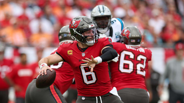 Dec 29, 2024; Tampa, Florida, USA; Tampa Bay Buccaneers quarterback Baker Mayfield (6) drops back to pass against the Carolina Panthers in the first quarter at Raymond James Stadium. Mandatory Credit: Nathan Ray Seebeck-Imagn Images