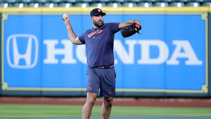 May 20, 2024; Houston, Texas, USA; Houston Astros starting pitcher Justin Verlander (35) works out prior to the game against the Los Angeles Angels at Minute Maid Park. Mandatory Credit: Erik Williams-USA TODAY Sports May 20, 2024; Houston, Texas, USA; Houston Astros starting pitcher Justin Verlander (35) works out prior to the game against the Los Angeles Angels at Minute Maid Park. Mandatory Credit: Erik Williams-USA TODAY Sports