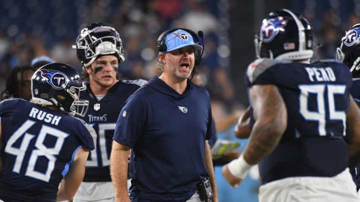 Aug 25, 2023; Nashville, Tennessee, USA; Tennessee Titans defensive coordinator Shane Bowen reacts after a defensive stop during the second half against the New England Patriots at Nissan Stadium. Mandatory Credit: Christopher Hanewinckel-USA TODAY Sports