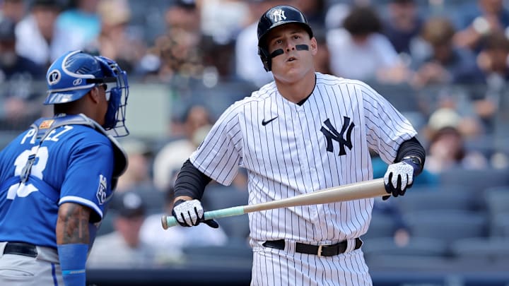 Jul 22, 2023; Bronx, New York, USA; New York Yankees first baseman Anthony Rizzo (48) reacts after striking out against the Kansas City Royals during the third inning at Yankee Stadium. Mandatory Credit: Brad Penner-Imagn Images Jul 22, 2023; Bronx, New York, USA; New York Yankees first baseman Anthony Rizzo (48) reacts after striking out against the Kansas City Royals during the third inning at Yankee Stadium. Mandatory Credit: Brad Penner-Imagn Images