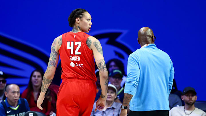 Jul 30, 2025; Arlington, Texas, USA; Atlanta Dream center Brittney Griner (42) reacts after being ejected against the Dallas Wings during the second half at College Park Center. Mandatory Credit: Kevin Jairaj-Imagn Images Jul 30, 2025; Arlington, Texas, USA; Atlanta Dream center Brittney Griner (42) reacts after being ejected against the Dallas Wings during the second half at College Park Center. Mandatory Credit: Kevin Jairaj-Imagn Images