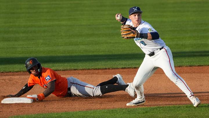 Blue Rocks infielder Eli Willits steps up on a throw to second to assist on an out at home plate as the Frederick Keys attempt a double steal, June 23, 2026 at Frawley Stadium.