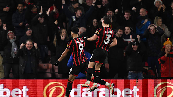 Dominic Solanke and Milos Kerkez in action for AFC Bournemouth last season 