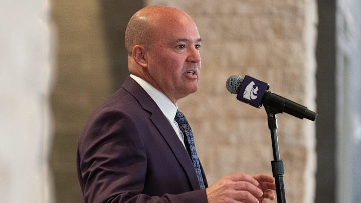 Casey Alexander makes remarks after being welcomed as the new head coach of the Kansas State men’s basketball team during a press conference at Bramlage Coliseum on Monday, March 16, 2026.