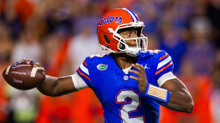 Florida Gators quarterback DJ Lagway (2) looks to pass during the first half at Ben Hill Griffin Stadium in Gainesville, FL on Saturday, October 19, 2024 against the Kentucky Wildcats. [Doug Engle/Gainesville Sun]