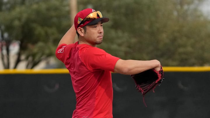Feb 16, 2026; Tempe, AZ, USA; Los Angeles Angels pitcher Yusei Kikuchi (16) runs through drills during spring training camp. Mandatory Credit: Rick Scuteri-Imagn Images Feb 16, 2026; Tempe, AZ, USA; Los Angeles Angels pitcher Yusei Kikuchi (16) runs through drills during spring training camp. Mandatory Credit: Rick Scuteri-Imagn Images