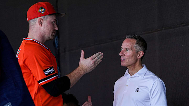 Detroit Tigers pitcher Tarik Skubal, left, talks to team owner Chris Ilitch at practice during spring training at TigerTown in Lakeland, Fla. on Friday, Feb. 20, 2026.