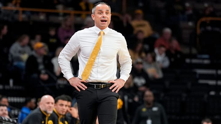 Iowa head coach Ben McCollum instructs his team during a game against the Western Michigan Broncos Dec. 14, 2025 at Carver-Hawkeye Arena in Iowa City, Iowa.