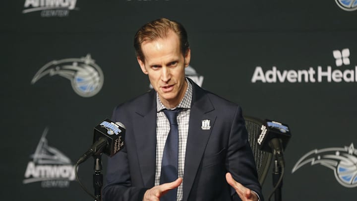 Feb 7, 2019; Orlando, FL, USA; Orlando Magic president of basketball operations Jeff Weltman talks to the media about their new player Markelle Fultz acquired from the Philladelphia 76ers during halftime at Amway Center. Mandatory Credit: Reinhold Matay-Imagn Images