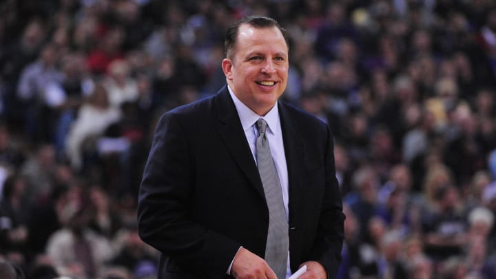December 29, 2011; Sacramento, CA, USA; Chicago Bulls head coach Tom Thibodeau smiles during the first quarter against the Sacramento Kings at Power Balance Pavilion. Mandatory Credit: Kyle Terada-USA TODAY Sports
