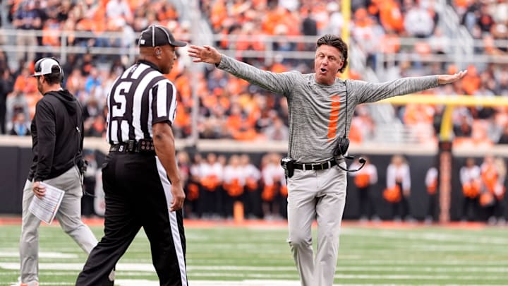 Oklahoma State head coach Mike Gundy argues a call in the first half the college football game between the Oklahoma State Cowboys and the Arizona State Sun Devils at Boone Pickens Stadium in Stillwater, Okla., Saturday, Nov., 2, 2024. Oklahoma State head coach Mike Gundy argues a call in the first half the college football game between the Oklahoma State Cowboys and the Arizona State Sun Devils at Boone Pickens Stadium in Stillwater, Okla., Saturday, Nov., 2, 2024.