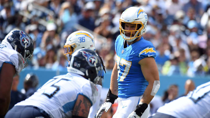 Sep 17, 2023; Nashville, Tennessee, USA; Los Angeles Chargers linebacker Joey Bosa (97) lines up before the snap during the second half against the Tennessee Titans at Nissan Stadium. Sep 17, 2023; Nashville, Tennessee, USA; Los Angeles Chargers linebacker Joey Bosa (97) lines up before the snap during the second half against the Tennessee Titans at Nissan Stadium.