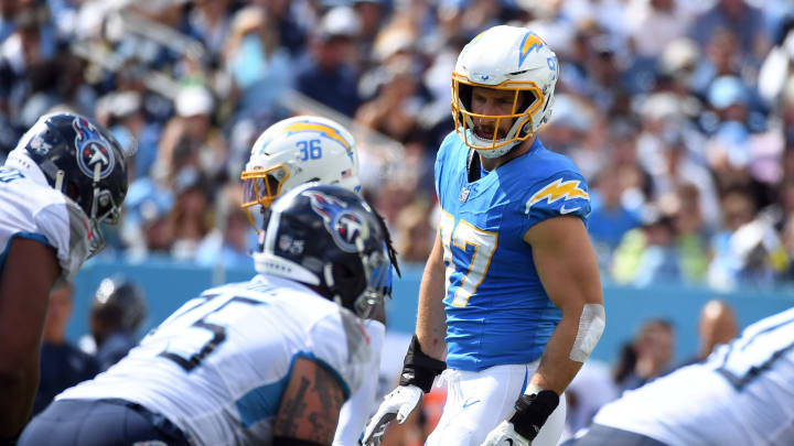 Sep 17, 2023; Nashville, Tennessee, USA; Los Angeles Chargers linebacker Joey Bosa (97) lines up before the snap during the second half against the Tennessee Titans at Nissan Stadium. Mandatory Credit: Christopher Hanewinckel-USA TODAY Sports Sep 17, 2023; Nashville, Tennessee, USA; Los Angeles Chargers linebacker Joey Bosa (97) lines up before the snap during the second half against the Tennessee Titans at Nissan Stadium. Mandatory Credit: Christopher Hanewinckel-USA TODAY Sports
