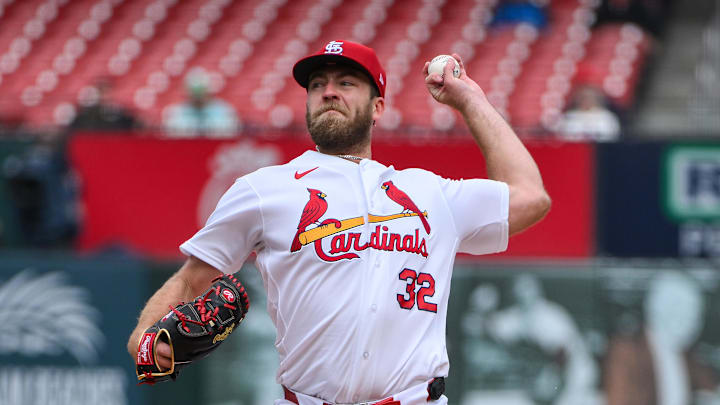 Apr 1, 2026; St. Louis, Missouri, USA; St. Louis Cardinals starting pitcher Matthew Liberatore (32) pitches against the New York Mets during the first inning at Busch Stadium. Mandatory Credit: Jeff Curry-Imagn Images