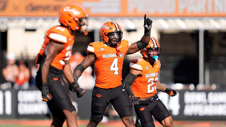 Oklahoma State's Wendell Gregory (4) celebrates a defensive play in the second half of the college football game between the Oklahoma State Cowboys and the Baylor Bears at Boone Pickens Stadium in Stillwater, Okla., Saturday, Sept. 27, 2025.