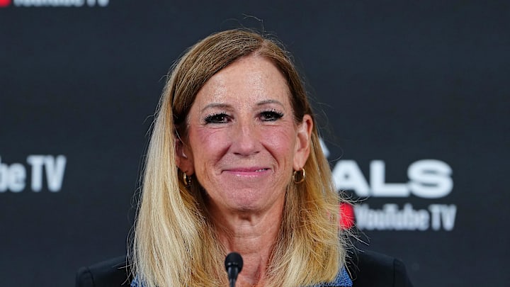 Oct 3, 2025; Las Vegas, Nevada, USA; WNBA Commissioner Cathy Engelbert talks during a presser before the start of game one of the 2025 WNBA Finals between the Phoenix Mercury and the Las Vegas Aces at Michelob Ultra Arena. Mandatory Credit: Stephen R. Sylvanie-Imagn Images